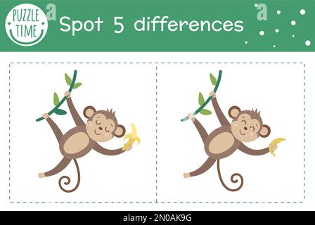 Tropical trouver des différences jeu pour les enfants. Activité préscolaire tropicale d'été avec singe accroché au liana et tenant la banane. Puzzle avec mignon drôle Illustration de Vecteur