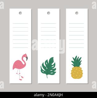 Ensemble de modèles de cartes vectorielles de mise en page verticale d'été avec animaux tropicaux, plantes, fleurs, fruits. Jolis motifs exotiques de marque-pages avec joli ju Illustration de Vecteur