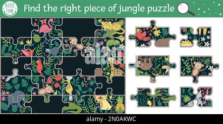 Trouvez la bonne pièce de puzzle de la jungle. Vecteur été couper et coller ou activité d'autocollant pour les enfants. Jeu éducatif tropical avec mignon anime Illustration de Vecteur