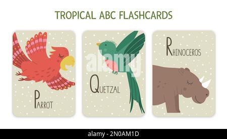 Lettres de l'alphabet colorées P, Q, R. carte de flash Phonics avec animaux tropicaux, oiseaux, fruits, plantes. Cartes adorables et éducatives jungle ABC pour enseigner readi Illustration de Vecteur