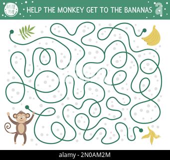 Labyrinthe tropical pour les enfants. Activité exotique préscolaire. Puzzle de jungle drôle. Aider le singe à obtenir les bananes. Jeu d'été simple pour les enfants Illustration de Vecteur