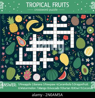 Casse-tête vectoriel d'été pour les enfants. Quiz avec fruits tropicaux pour les enfants. Activités éducatives dans la jungle avec des éléments de nourriture mignons Illustration de Vecteur