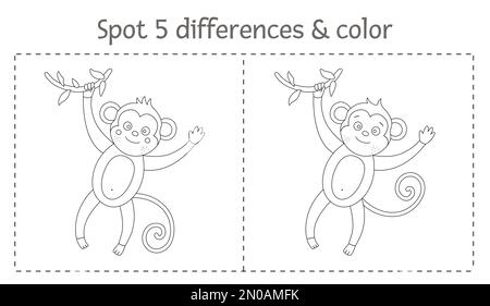 Tropical trouver des différences et jeu de couleurs pour les enfants. Activité préscolaire tropicale noire et blanche d'été avec singe. Page de coloriage amusante pour les enfants Illustration de Vecteur