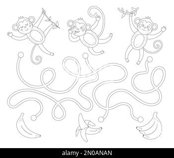 Labyrinthe tropical pour les enfants. Activité exotique préscolaire. Casse-tête dos et jungle blanche avec des singes et des fruits mignons. Dont jeu de banane. Coloriage amusant Illustration de Vecteur