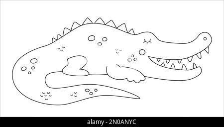 Vecteur mignon crocodile contour. Illustration amusante d'animaux exotiques tropicaux en noir et blanc. Page de coloriage amusante pour les enfants. Clip art d'été jungle Illustration de Vecteur