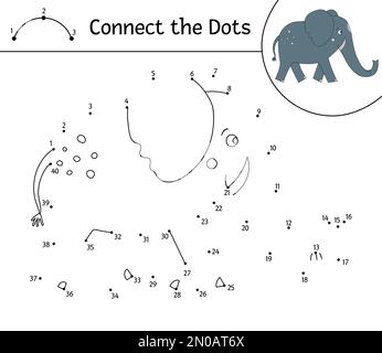 Activité vectorielle point à point avec un animal mignon. Connectez le jeu points. Dessin de ligne d'éléphant. Page de coloriage tropicale amusante pour les enfants. Illustration de Vecteur