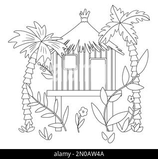 Illustration vectorielle noire et blanche de la jungle avec des palmiers et des feuilles. Bungalow tropical sur pilotis. Jolie maison exotique drôle dans la pluie Illustration de Vecteur