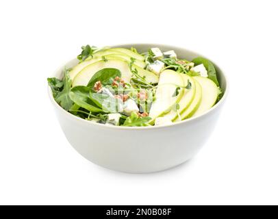 Salade savoureuse avec des tranches de poire isolées sur blanc Banque D'Images