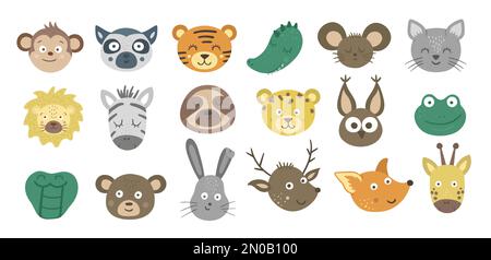 Collection de visages d'animaux vectoriels. Ensemble de caractères tropicaux et de forêt autocollants emoji. Têtes avec des expressions drôles isolées sur fond blanc. Mignon Illustration de Vecteur