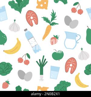 Motif sans couture avec des icônes de nourriture et de boisson saines. Vector répète le fond avec les légumes, les produits laitiers, les fruits, les baies, le poisson. Organi plat dessiné à la main Illustration de Vecteur