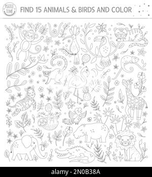 Jeu de recherche tropical noir et blanc pour les enfants avec des personnages drôles mignons. Trouvez des animaux et des oiseaux cachés dans la jungle et la couleur. Coloriage amusant p Illustration de Vecteur