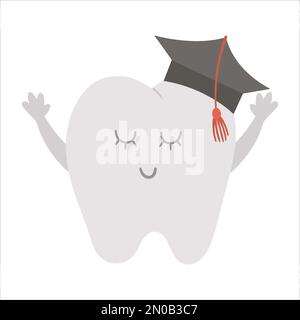 Mignonne de sagesse kawaii avec un chapeau universitaire. Icône en forme de dents vectorielles pour les enfants. Image drôle de soins dentaires pour les enfants. Cabinet de dentiste pour bébés clipart Wit Illustration de Vecteur