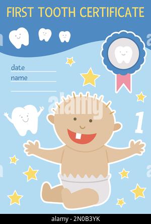 Certificat de première dent. Joli document vectoriel pour enfants. Gabarit de carte drôle avec bébé souriant mignon en couches. Photo de soins dentaires pour les enfants. Dentis Illustration de Vecteur