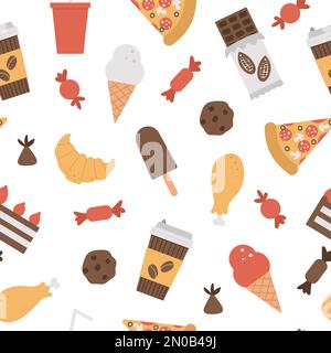 Motif sans couture avec icônes de nourriture et de boisson indésirables. Fond de répétition Vector avec crème glacée, pizza, produits sucrés, chocolat, bonbons, pâtisserie. Main plate d Illustration de Vecteur