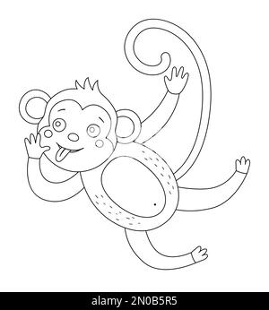 Singe mignon Vector avec contour de la languette collé. Illustration amusante d'animaux exotiques tropicaux en noir et blanc. Page de coloriage amusante pour les enfants. Jungle su Illustration de Vecteur