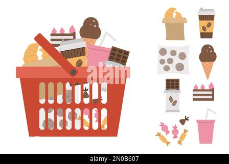 Panier d'achats Vector rouge avec icône produits isolée sur fond blanc. Chariot d'atelier en plastique avec bonbons et pâtisseries. Illustration d'aliments malsains Illustration de Vecteur