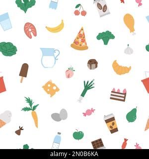 Motif sans couture avec des icônes de nourriture saine et de nourriture et de boisson. Fond vectoriel répété avec crème glacée, pizza, légumes, produits laitiers, chocolat, can Illustration de Vecteur