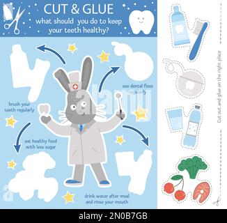 Vector soins dentaires couper et coller activité pour les enfants. Jeu éducatif d'hygiène dentaire avec le dentiste de lapin mignon et des habitudes saines de dents. Illustration de Vecteur