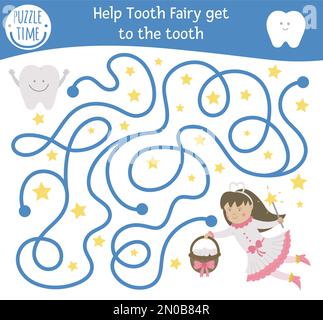 Labyrinthe de soins dentaires pour les enfants. Activité clinique du dentiste d'âge préscolaire. Jeu de puzzle amusant avec mignon fantaisie fille et dents. Aidez la petite souris à atteindre le Illustration de Vecteur
