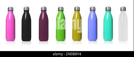 Jeu de flacons thermos modernes de différentes couleurs sur fond blanc. Bannière Banque D'Images