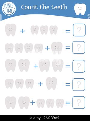 Jeu de mathématiques avec dents. Activité mathématique des soins dentaires pour les enfants d'âge préscolaire. Feuille de calcul imprimable. Un petit plus éducatif avec un joli funkin Illustration de Vecteur