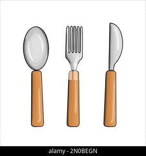 Ensemble de vaisselle de couleur vectorielle. Icônes d'outils de cuisine isolées sur fond blanc. Équipement de cuisine de style caricature. Cuillère, couteau, illustrateur de vecteur de fourche Illustration de Vecteur