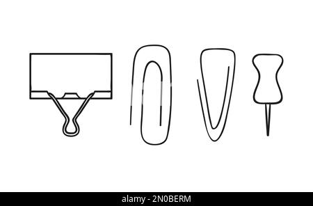 Ensemble d'icônes de code PIN et de ligne de clip. Articles de papeterie, matériel d'écriture, fournitures de bureau ou d'école de couleur vectorielle isolés sur fond blanc. Style de dessin animé Illustration de Vecteur