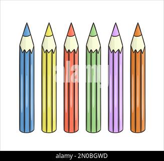 Ensemble d'icônes de crayon de couleur. Articles de papeterie, matériel d'écriture, fournitures de bureau ou d'école de couleur vectorielle isolés sur fond blanc. Style de dessin animé Illustration de Vecteur