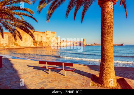 Vue sur Collioure, village côtier du sud-ouest de la France, près de la ville de Perpignan et près de la frontière avec l'Espagne. Banque D'Images
