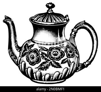 Illustration ancienne d'une théière (isolée sur blanc). Publié dans Systematischer Bilder-Atlas zum conversations-Lexikon, Ikonographische Encyklopedi Banque D'Images