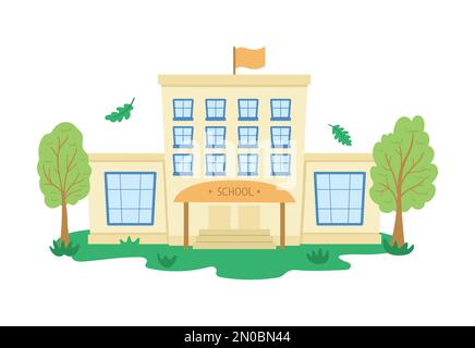 Bâtiment d'école vectoriel avec arbres isolés sur fond blanc. Illustration de l'appartement de retour à l'école. Joli concept éducatif Illustration de Vecteur