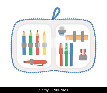 Étui à crayons vectoriel ouvert avec papeterie. Retour à la clipart éducative de l'école. Fournitures et matériel d'écriture de style plat mignon. Boîte avec crayon de couleur Illustration de Vecteur