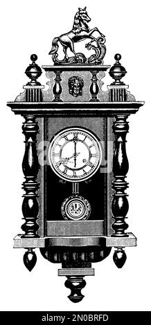 Illustration ancienne d'une horloge (isolée sur blanc). Publié dans Systematischer Bilder-Atlas zum conversations-Lexikon, Ikonographische Encyklopedie Banque D'Images