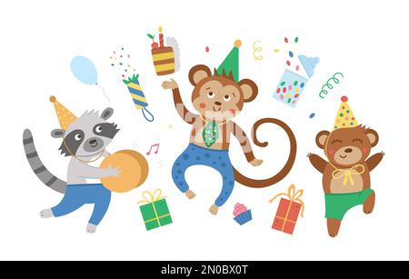 Les animaux de la fête sautent avec joie. Carte d'anniversaire amusante ou motif d'invitation. Illustration vectorielle lumineuse avec caractères doux pour les enfants. Vacances de retour Illustration de Vecteur