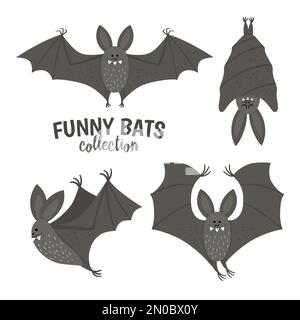 Ensemble de jolies battes vectorielles. Collection d'icônes de personnages d'Halloween. Drôle automne tous les saints sont une illustration avec des animaux noirs volant et dormant. Samha Illustration de Vecteur