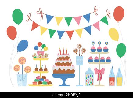 Barre de friandises Vector. Repas d'anniversaire mignon et lumineux avec gâteau, bougies, petits gâteaux, petits gâteaux, jelly haricots, drapeaux. Illustration drôle de dessert pour carte, affiche, Illustration de Vecteur