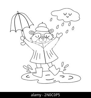 Mignon raton laveur noir et blanc sautant sous la pluie avec un parapluie. Caractère d'automne Vector Line art isolé sur fond blanc. Contour de la saison d'automne Illustration de Vecteur