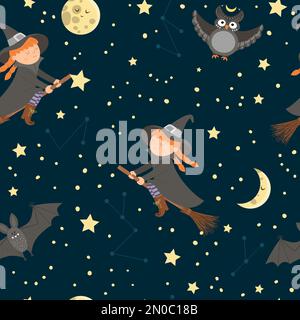 Motif vectoriel sans couture avec sorcière volant sur le balai, lune, étoiles, hibou, chauve-souris. Papier numérique avec personnages d'Halloween. Mignon automne tous les saints surent bac Illustration de Vecteur