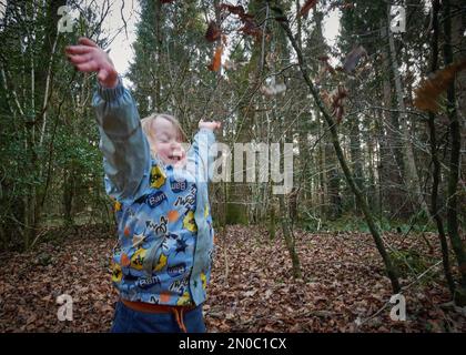 Enfant jouant dans les feuilles un après-midi d'hiver Banque D'Images