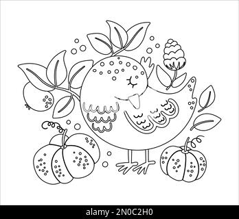 Jolie composition en noir et blanc avec un oiseau endormi et des citrouilles. Motif vectoriel d'automne sur fond blanc. Linéaire automne Illustration de Vecteur