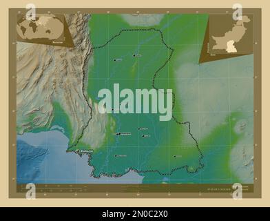 Sind, province du Pakistan. Carte d'altitude en couleur avec lacs et rivières. Lieux et noms des principales villes de la région. Emplacement auxiliaire du coin Banque D'Images