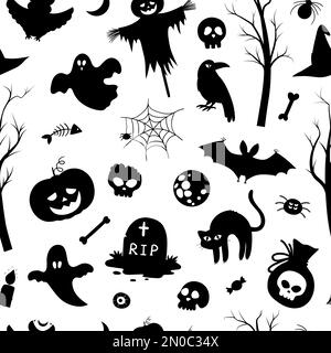 Motif vectoriel sans coutures avec silhouettes Halloween. Fond noir et blanc Samhain Party. Papier numérique effrayant avec Jack-o-lanterne, araignée, fantôme, Illustration de Vecteur