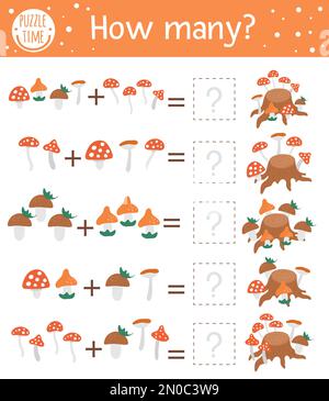 Jeu de comptage avec champignons et souche d'arbre. Activité d'automne pour les enfants d'âge préscolaire. Feuille de calcul de la saison d'automne. Éducatif imprimable avec mignon drôle Illustration de Vecteur