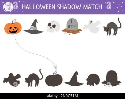 Activité de jumelage des ombres d'Halloween pour les enfants. Puzzle d'automne avec des objets effrayants. Jeu éducatif pour les enfants avec lanterne, tombeau, fantôme, crâne, chat. Fi Illustration de Vecteur