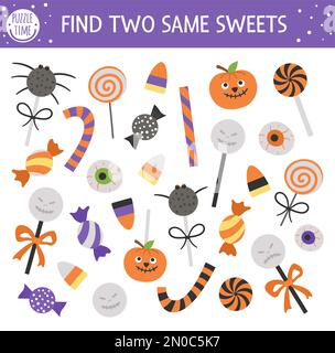 Trouvez deux trucs identiques ou gâtez des bonbons. Activité d'Halloween pour les enfants. Questionnaire logique amusant pour les enfants à l'automne. Printa simple Illustration de Vecteur