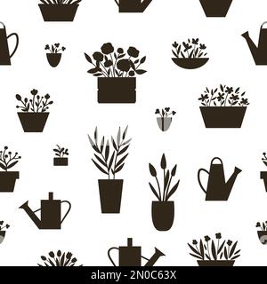 Motif vectoriel sans couture avec plantes dans des pots et des lits avec des silhouettes arrosoirs. Fond noir et blanc avec plantes de maison pour le jardinage à la maison de Illustration de Vecteur