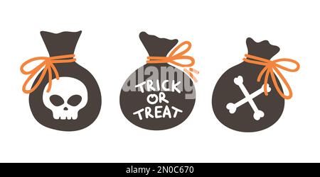 Ensemble de sacs vectoriels avec bonbons pour le jeu de trick ou de traite. Éléments traditionnels de fête d'Halloween. Sacs effrayants avec collection crâne et os. Samhain des Illustration de Vecteur