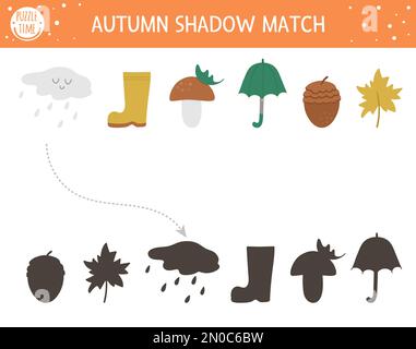 Activité d'adaptation des ombres d'automne pour les enfants. Puzzle de la saison d'automne avec des objets mignons. Jeu éducatif simple pour les enfants avec parapluie, nuage, feuille. Rechercher Illustration de Vecteur