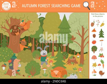 Vector automne recherche jeu avec les animaux des bois mignons. Rechercher les objets cachés dans la forêt. Activité éducative simple et amusante pour la saison d'automne Illustration de Vecteur