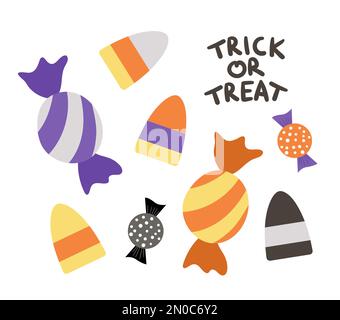 Ensemble de bonbons vectoriels pour le jeu de trick ou de traite. Nourriture traditionnelle de fête d'Halloween. Collection de friandises au caramel effrayant. Paquet de desserts à l'orange et au violet strippy Illustration de Vecteur